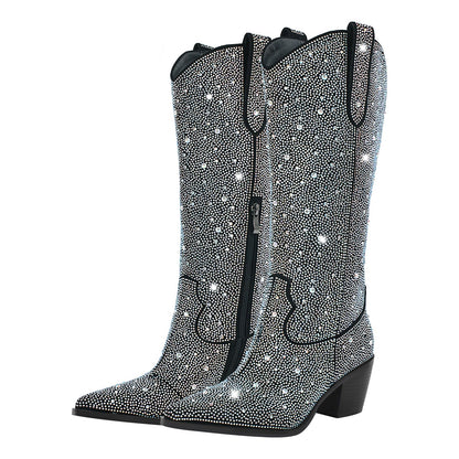 Rhinestone Pointed Toe Knee High Western Boots - Onlymaker Essential