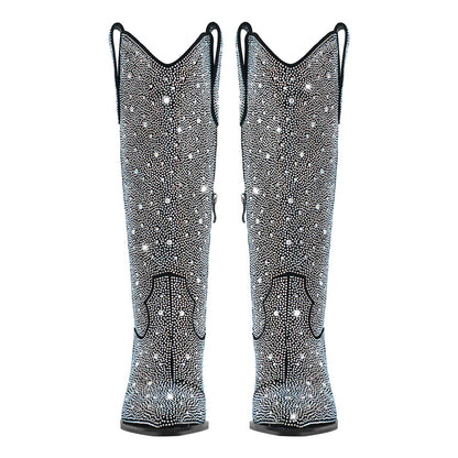 Rhinestone Pointed Toe Knee High Western Boots - Onlymaker Essential