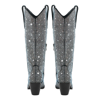 Rhinestone Pointed Toe Knee High Western Boots - Onlymaker Essential