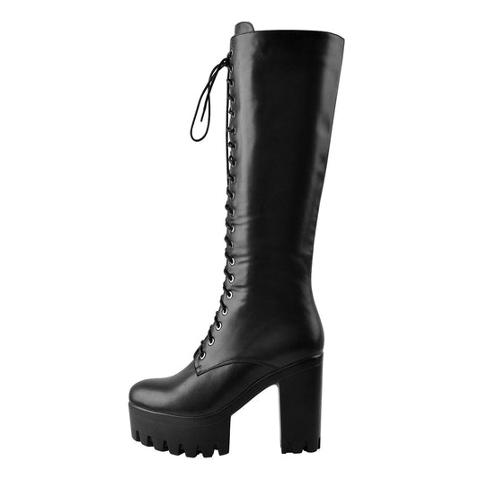 Round Toe Chunky Heel Lace up Platform Knee Boots - Onlymaker Best Seller