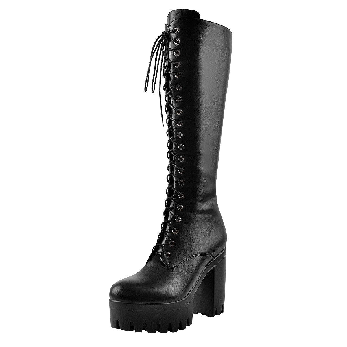 Round Toe Chunky Heel Lace up Platform Knee Boots - Onlymaker Best Seller
