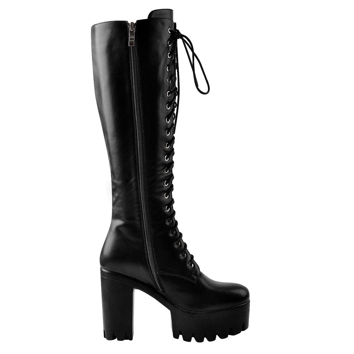 Round Toe Chunky Heel Lace up Platform Knee Boots - Onlymaker Best Seller