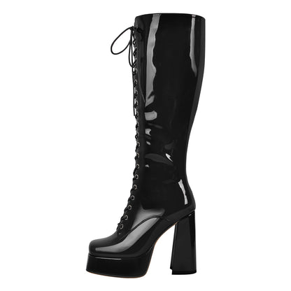Square Toe Lace up Chunky Heels Boots - Onlymaker Hot Sale