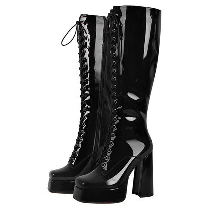 Square Toe Lace up Chunky Heels Boots - Onlymaker Hot Sale