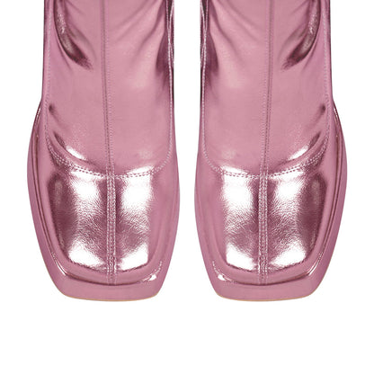 Metallic Leather Platform Chunky Heel Knee High Boots - Onlymaker Smart Buy