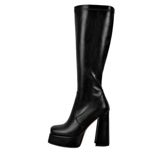 Square Toe Platform Chunky Heel Knee High Boots - Onlymaker Quality