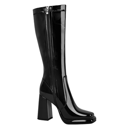Platform Square Toe Chunky Heel Knee High Boots - Onlymaker Deals