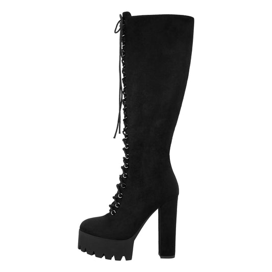 Platform Chunky Heels Lace up Knee High Boots - Onlymaker Hot Sale