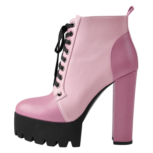 Platform Split Joint Lace-up Chunky Heel Ankle Boots - Onlymaker Premium