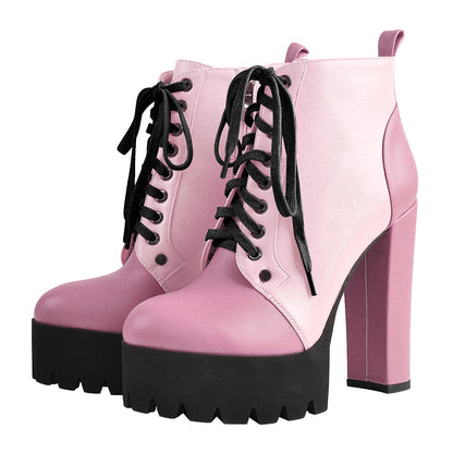 Platform Split Joint Lace-up Chunky Heel Ankle Boots - Onlymaker Premium