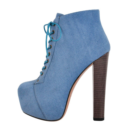 Blue Suede Platform Chunky Heel Ankle Boots - Onlymaker Recommended