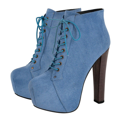 Blue Suede Platform Chunky Heel Ankle Boots - Onlymaker Recommended