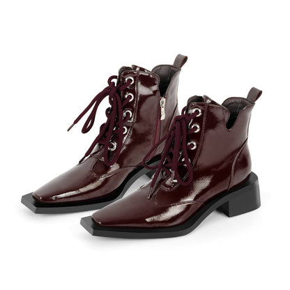 Square Toe Lace-up Chunky Heel Ankle Boots - Onlymaker New