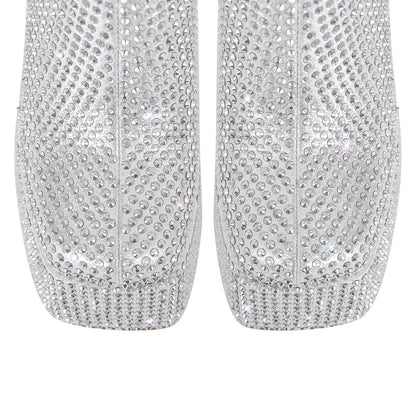 Rhinestone Square Toe Platform Chunky Heel Ankle Boots - Onlymaker Smart Buy