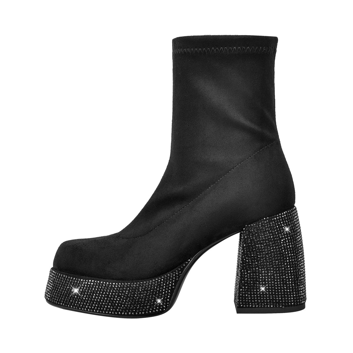 Black Round Toe Chunky Heel Rhinestone Ankle Boots - Onlymaker Popular