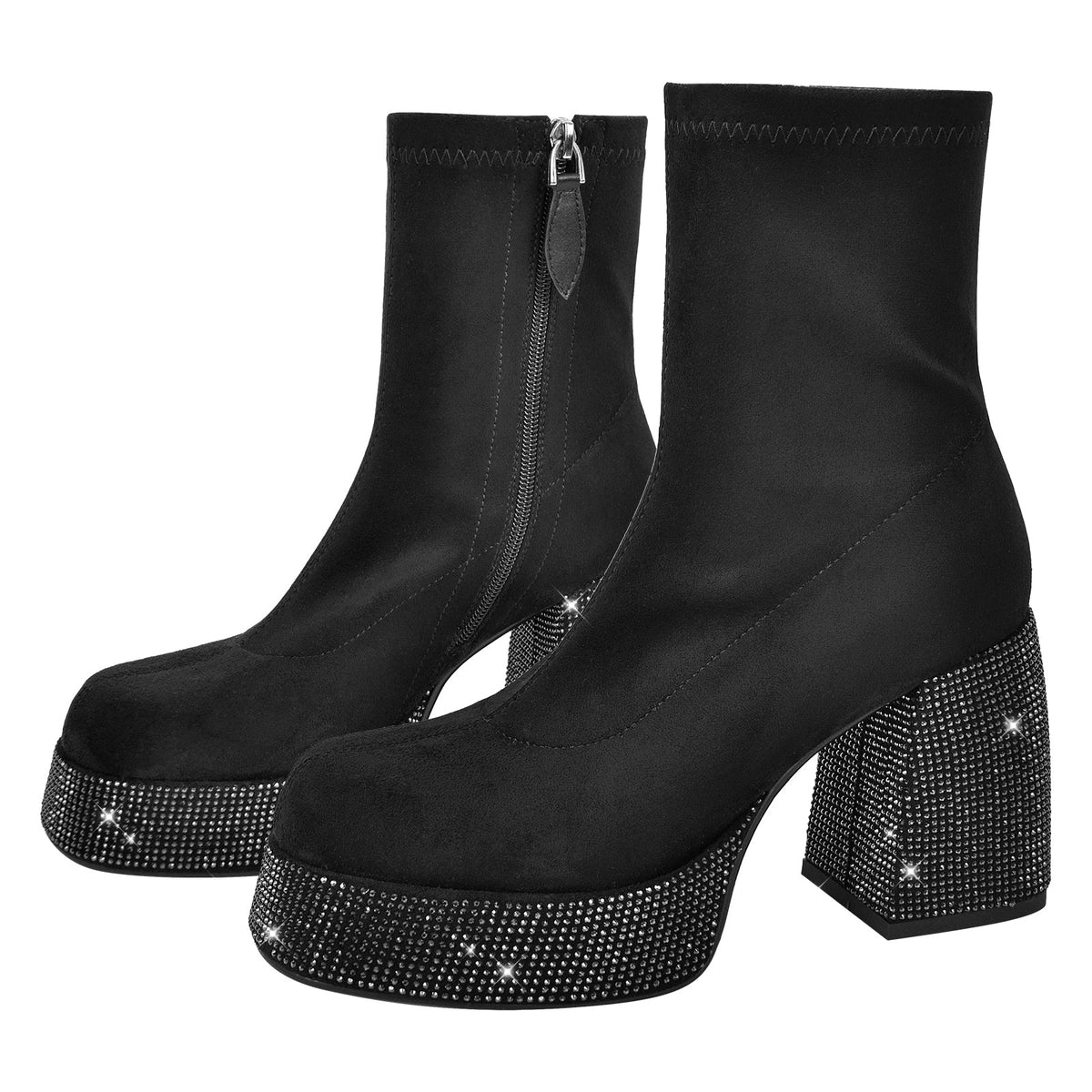 Black Round Toe Chunky Heel Rhinestone Ankle Boots - Onlymaker Popular