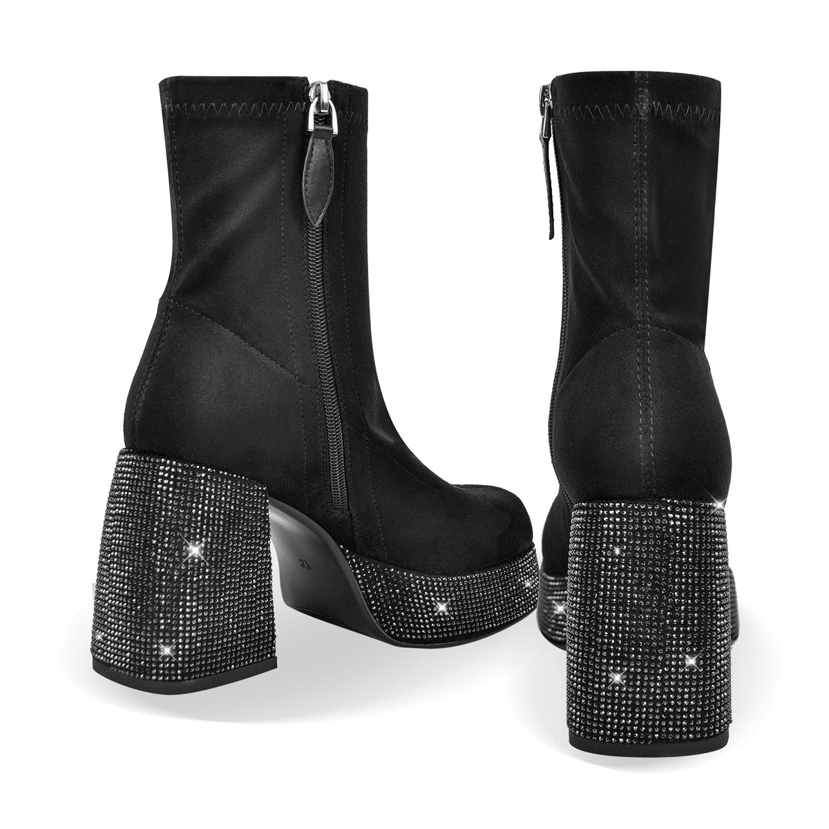 Black Round Toe Chunky Heel Rhinestone Ankle Boots - Onlymaker Popular