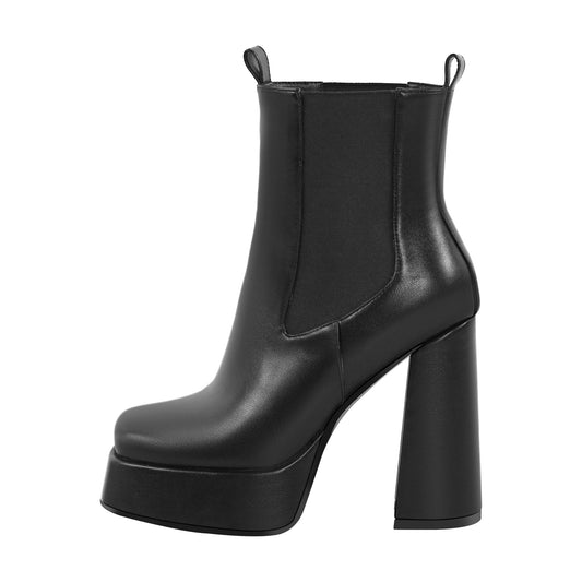 Black Square Toe Platform Chunky Heel Ankle Boots - Onlymaker Essential