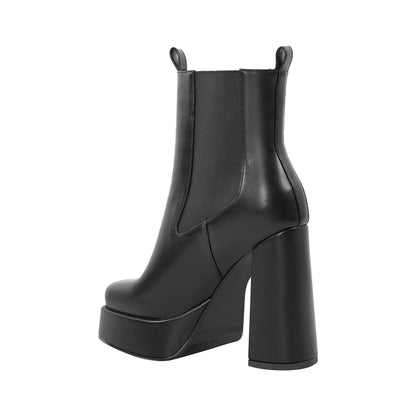 Black Square Toe Platform Chunky Heel Ankle Boots - Onlymaker Essential