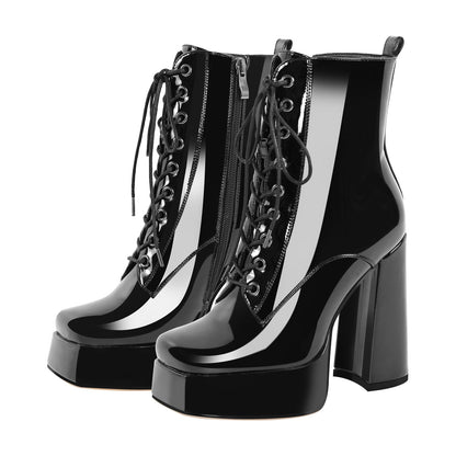 Chunky Heels Platform Lace up Metallic Ankle Boots - Onlymaker Trusted