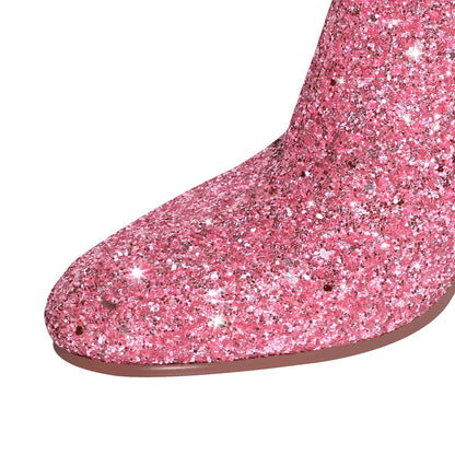 Round Toe Glitter Chunky Heel Ankle Boots - Onlymaker Great Value