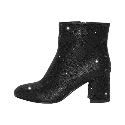 Round Toe Rhinestone Chunky Ankle Boots - Onlymaker Signature