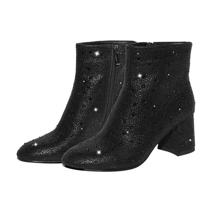 Round Toe Rhinestone Chunky Ankle Boots - Onlymaker Signature