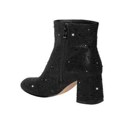 Round Toe Rhinestone Chunky Ankle Boots - Onlymaker Signature