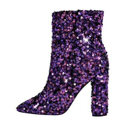 Sequin Pointed Toe Chunky Heel Ankle Boots - Onlymaker Trending