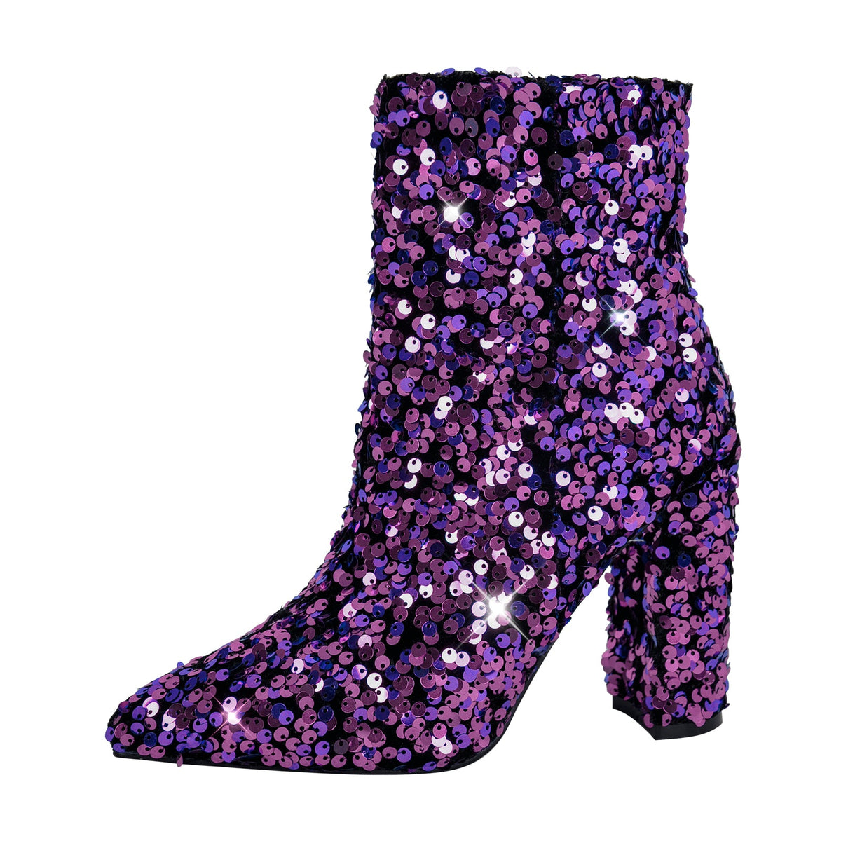 Sequin Pointed Toe Chunky Heel Ankle Boots - Onlymaker Trending