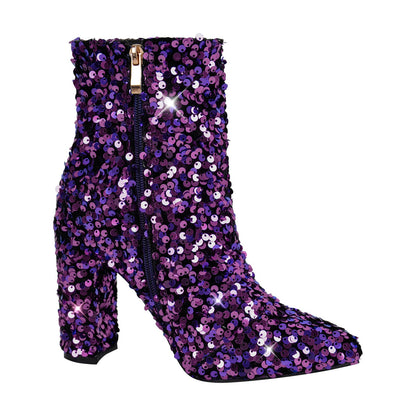 Sequin Pointed Toe Chunky Heel Ankle Boots - Onlymaker Trending