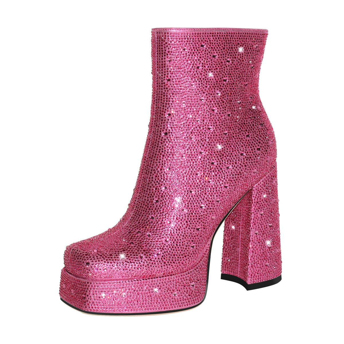 Rhinestone Platform Square Toe Chunky High Heels Ankle Boots - Onlymaker Great Value