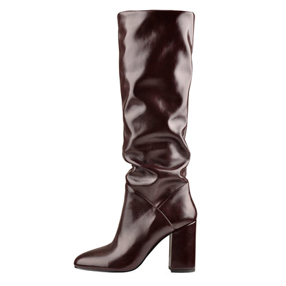Round Toe Crinkle Knee High Chunky Heels Boots - Onlymaker Signature