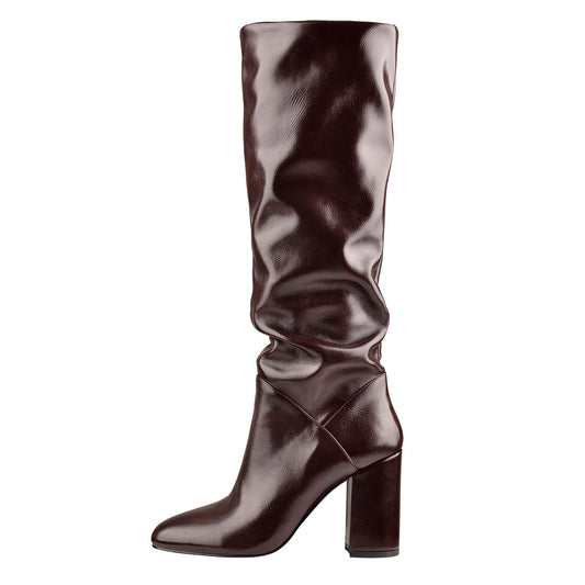 Round Toe Crinkle Knee High Chunky Heels Boots - Onlymaker Signature