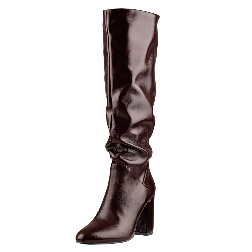 Round Toe Crinkle Knee High Chunky Heels Boots - Onlymaker Signature