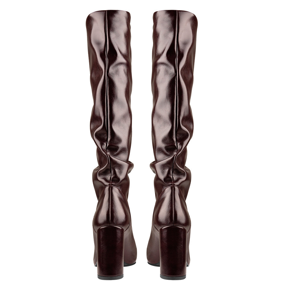Round Toe Crinkle Knee High Chunky Heels Boots - Onlymaker Signature