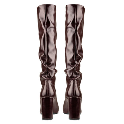 Round Toe Crinkle Knee High Chunky Heels Boots - Onlymaker Signature