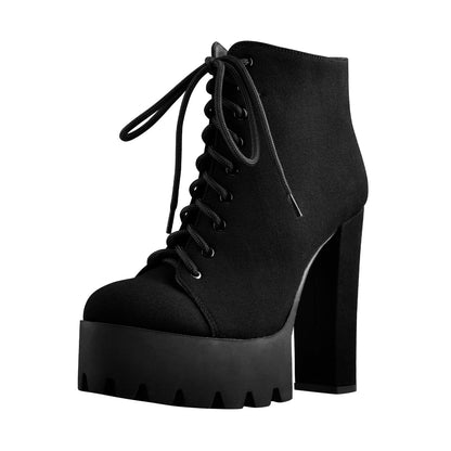 Platform Round Toe Lace Up Chunky High Heels Suede Ankle Boots - Onlymaker Best Price
