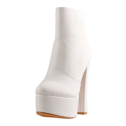 White Fine Weave Pattern Platform Chunky Heel Ankle Boots - Onlymaker Trusted