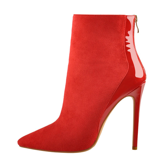 Red Suede Patent Leather Stitching Pointed Toe Ankle boots - Onlymaker Top Pick