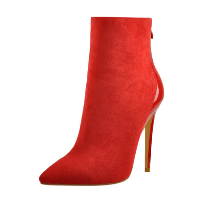 Red Suede Patent Leather Stitching Pointed Toe Ankle boots - Onlymaker Top Pick