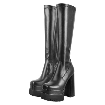 Double Platform Chunky Heel Knee High Boots - Onlymaker Value