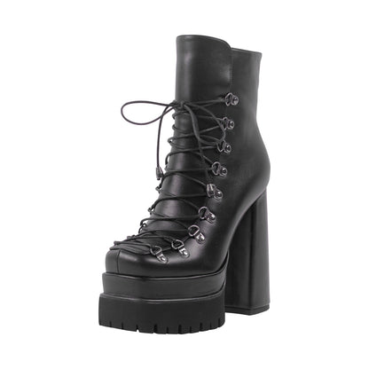 Double Platform Side Zipper Lace-up Ankle Boots - Onlymaker Best Price