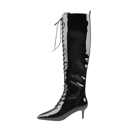 Patent Leather Pointed Toe Knee High Mid Heel Boots - Onlymaker Signature