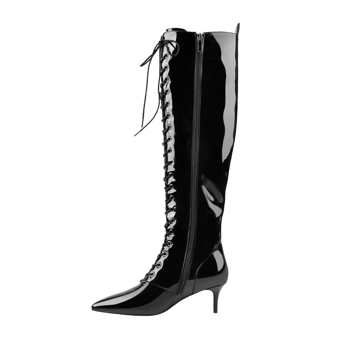 Patent Leather Pointed Toe Knee High Mid Heel Boots - Onlymaker Signature