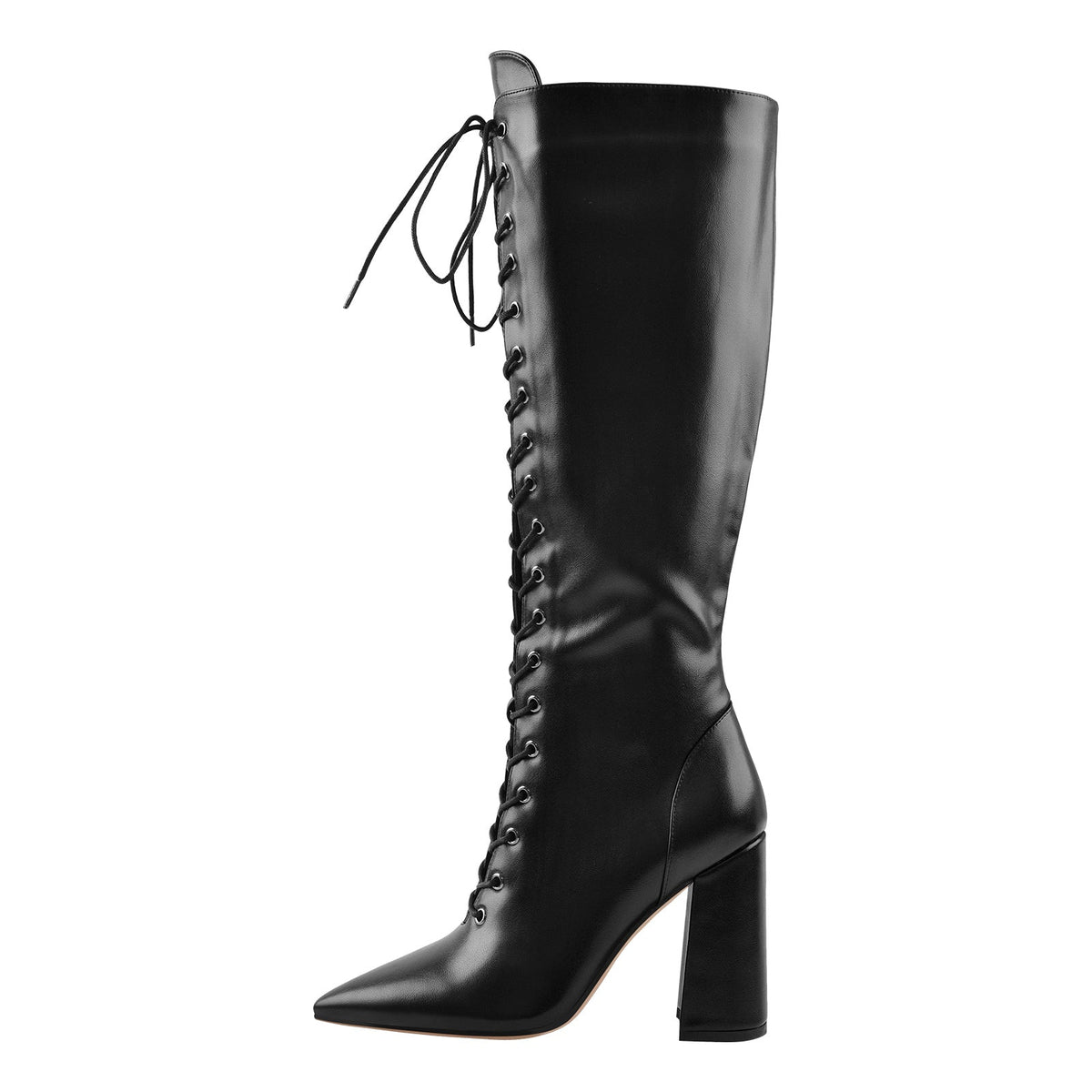 Pointed Toe Black Lace Up Zipper Knee High Chunky Heel Boots - Onlymaker New
