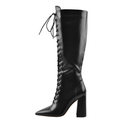 Pointed Toe Black Lace Up Zipper Knee High Chunky Heel Boots - Onlymaker New