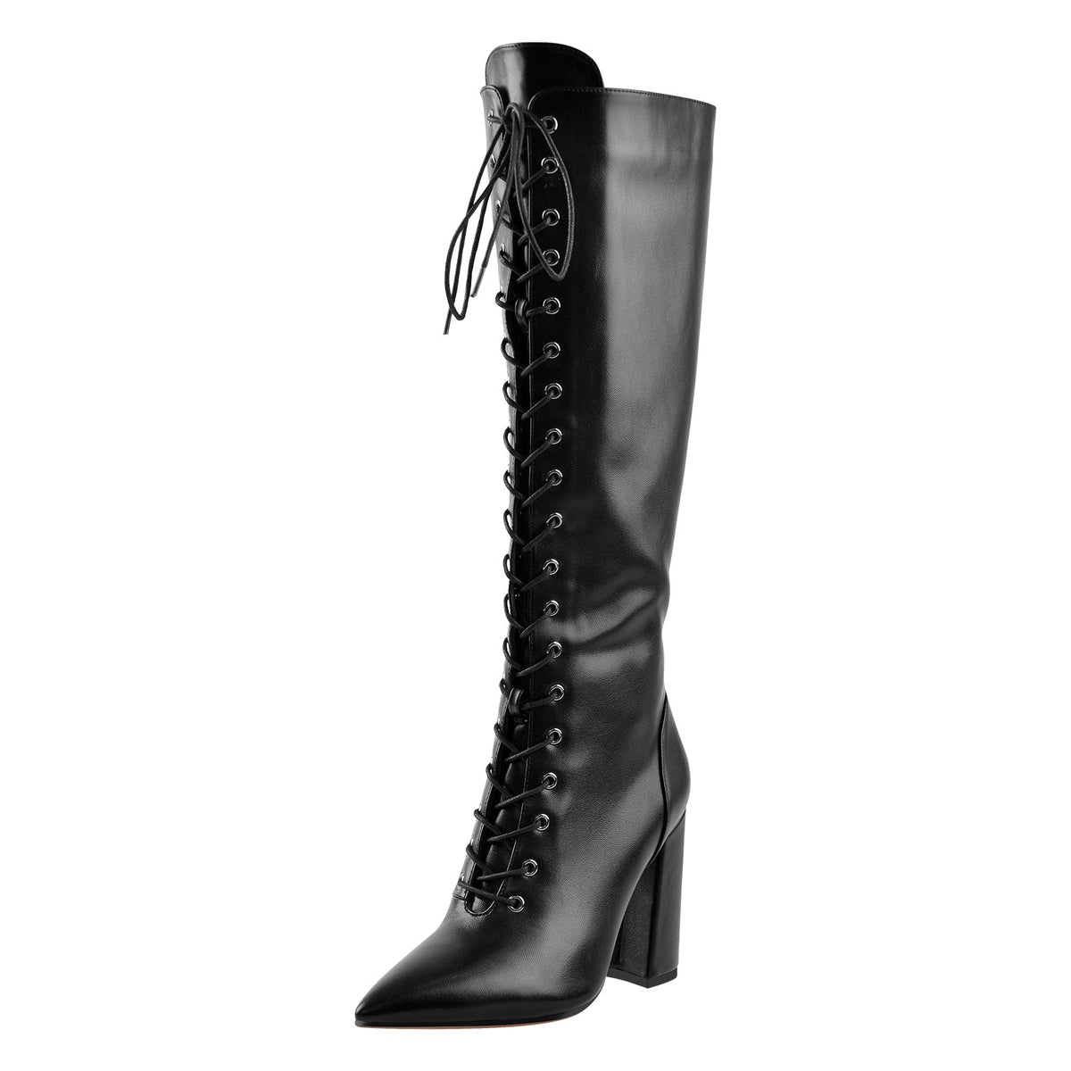 Pointed Toe Black Lace Up Zipper Knee High Chunky Heel Boots - Onlymaker New