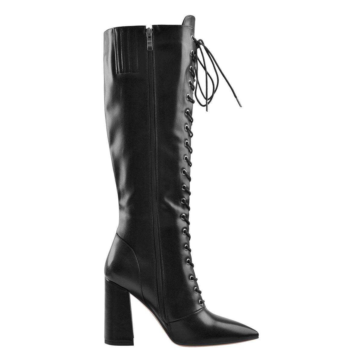 Pointed Toe Black Lace Up Zipper Knee High Chunky Heel Boots - Onlymaker New