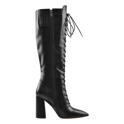 Pointed Toe Black Lace Up Zipper Knee High Chunky Heel Boots - Onlymaker New